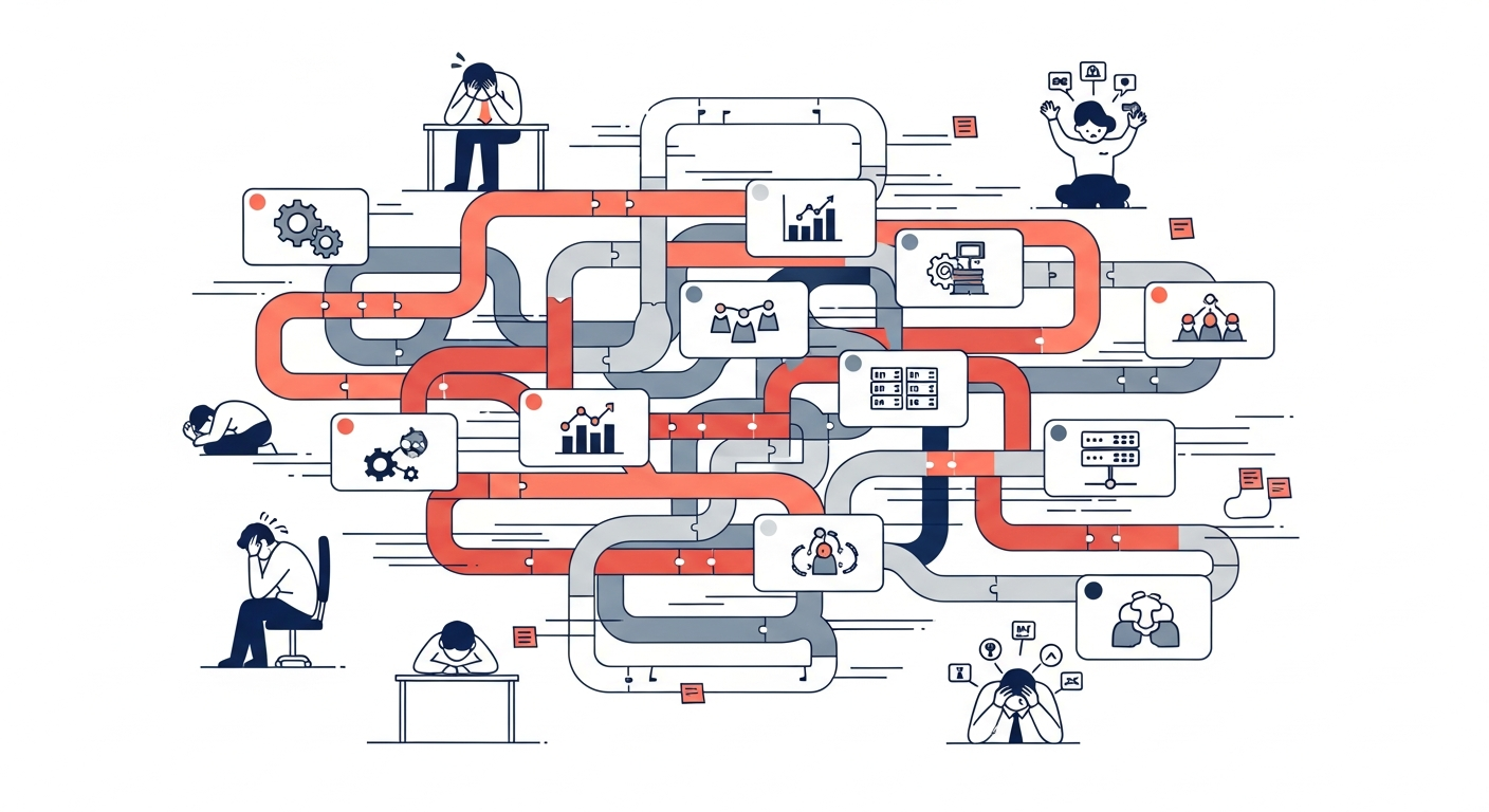 Illustration du chaos de gestion de projets : flux entremêlés, surcharge, alertes